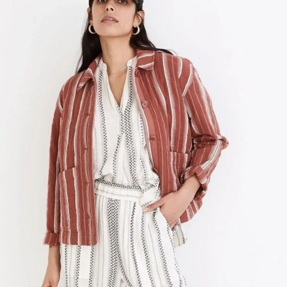 Madewell Jackets & Blazers - Madewell Red/White Quilted Lightspun Cropped Shirt/Jacket. Jacquard Stripe Med